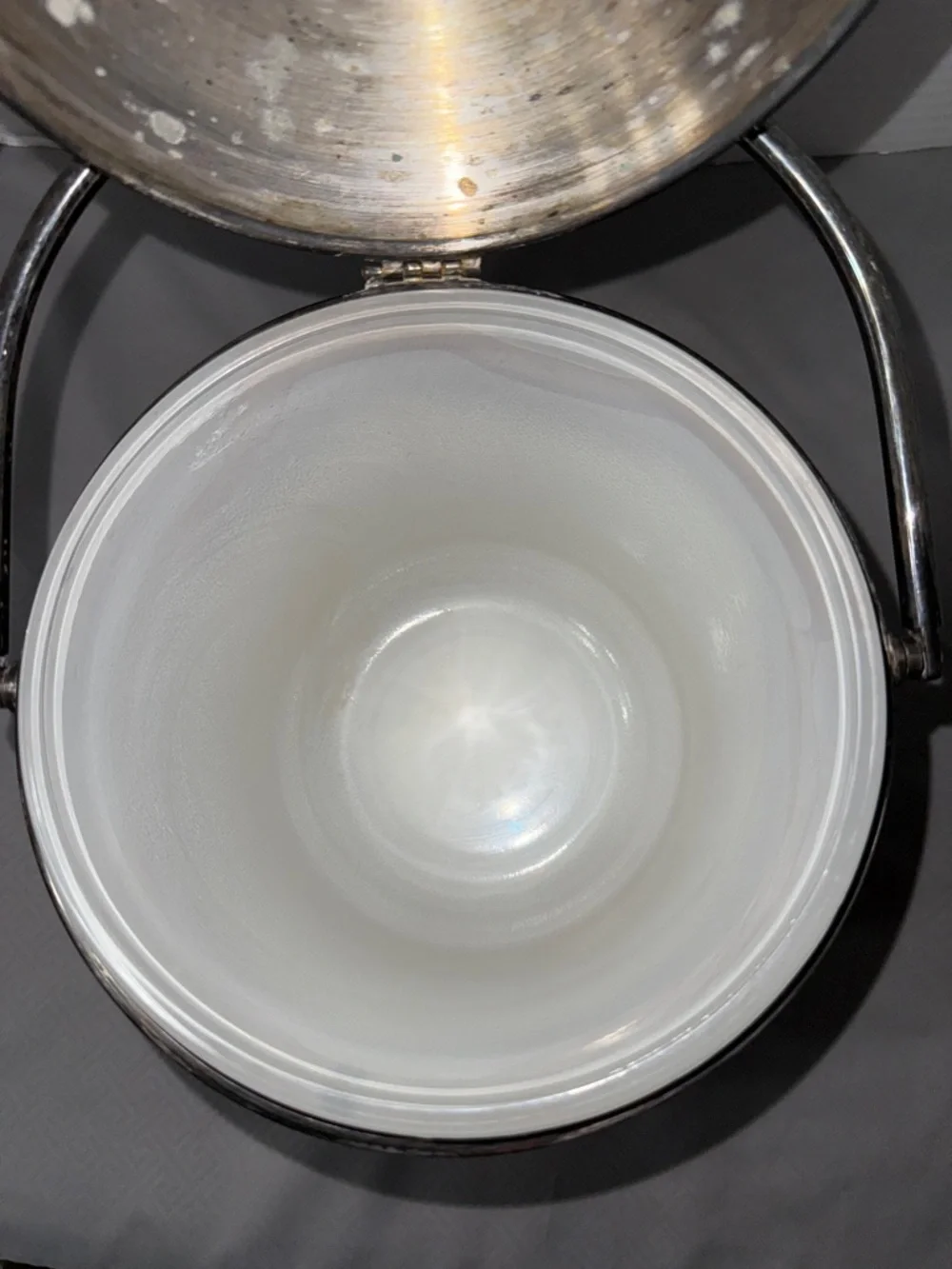 Vintage Silver Plated Ice Bucket Swing Top Lid & Handle Glass Liner Luxury